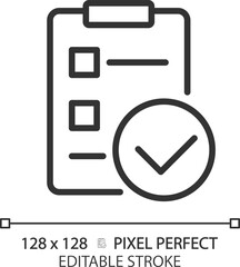 Sticker - Checklist with checkmarks pixel perfect linear icon. Marking task completion. Work controlling document. Thin line illustration. Contour symbol. Vector outline drawing. Editable stroke