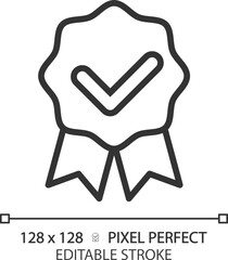 Poster - Award badge with check mark pixel perfect linear icon. Medal with ribbons and tick. Prize for winner. Thin line illustration. Contour symbol. Vector outline drawing. Editable stroke