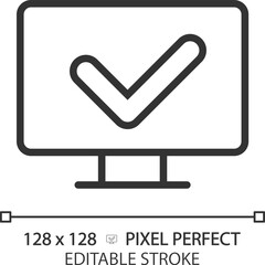 Sticker - Computer with check mark pixel perfect linear icon. Correct work of PC. Install anti malware software. Thin line illustration. Contour symbol. Vector outline drawing. Editable stroke