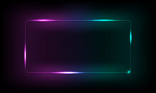Neon Round Rectangle Frame With Glow Purple, Blue, And Teal Gradient Light Effect On Black Background. EPS10 Illustration Vector.