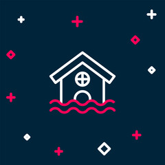 Sticker - Line House flood icon isolated on blue background. Home flooding under water. Insurance concept. Security, safety, protection, protect concept. Colorful outline concept. Vector