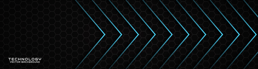 Poster - 3d black techno abstract background overlap layer on dark space with blue arrow effect decoration. m