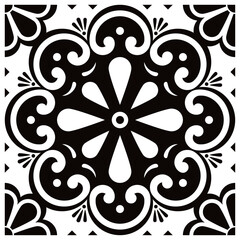 Wall Mural - Mexican talavera style decorative vector seamless pattern with single tile design in black and white
