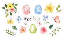 Happy Easter Set Of Hand-painted Watercolor Elements. Colorful Eggs, Cute Flowers, And Butterflies Are Isolated On Transparent Background