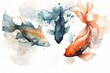 on a white background watercolor drawing of several carp fish with gold paint Generative AI