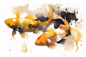 on a white background watercolor drawing of several carp fish with gold paint Generative AI