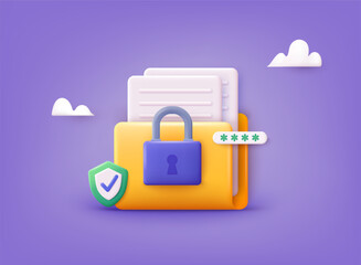 Poster - The personal data protection. Concept is data security Access. Lock with password with folder. 3D Web Vector Illustrations.