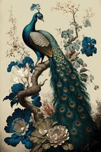 Peacocks, Birds Chinese, Japanese Style, Art, Retro, Vintage, Asia, Folk, Canvas Print, Painting