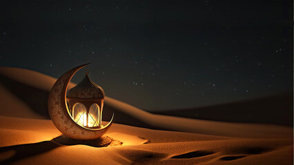 Wall Mural - 3D Render of Golden Crescent Moon With Illuminated Arabic Lantern On Sand Dune. Islamic Religious Concept.