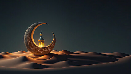 3d render of golden crescent moon with illuminated arabic lantern on sand dune. islamic religious co