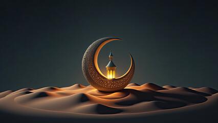 Wall Mural - 3D Render of Golden Crescent Moon With Illuminated Arabic Lantern On Sand Dune. Islamic Religious Concept.