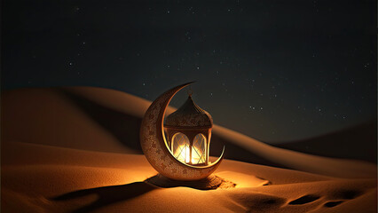 Wall Mural - 3D Render of Golden Crescent Moon With Illuminated Arabic Lantern On Sand Dune. Islamic Religious Concept.
