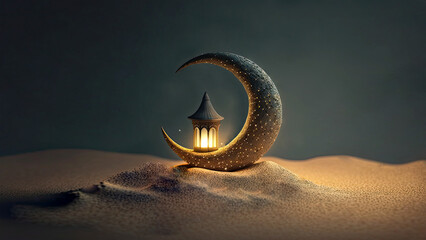 Wall Mural - 3D Render of Golden Crescent Moon With Illuminated Arabic Lantern On Sand Dune. Islamic Religious Concept.