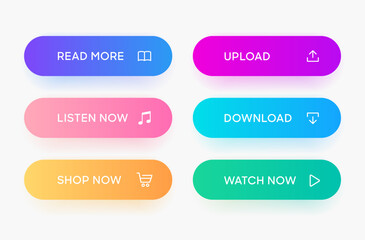 Leinwandbilder - 3d click here web buttons. Set of action button, hand cursor and arrow pointing click link buttons. Add to cart, shop now, download buttons. Online shopping icons for UI UX website, mobile app.