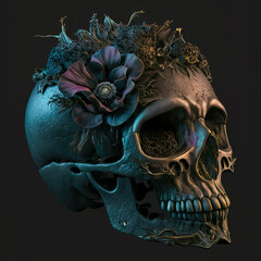 Wall Mural - Dark Skull and Flowers Generative AI