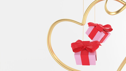 Sticker - 3D Illustration Of Hanging Gift Box With Golden Heart Frame Against White Background. Love Concept.