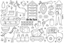 Black And White Set With Cute Farm Animals - Cow, Horse, Donkey And Goose. Coloring Page With Little Farmers, Gardening Equipment, Tractor, Beehive, Milk, Garden Bed With Sprouts and Other Elements. V