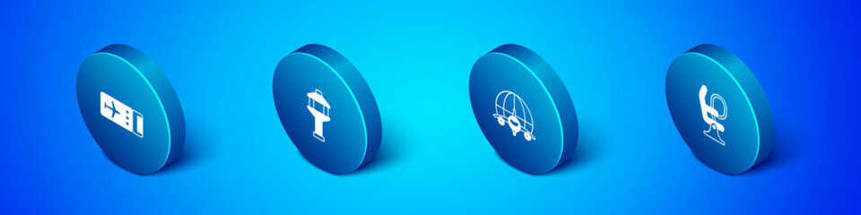 Sticker - Set Isometric Airline ticket, Globe with flying plane, Airplane seat and Airport control tower icon. Vector