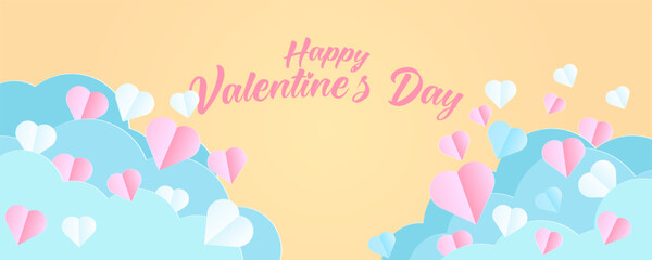 Wall Mural - Horizontal banner with yellow background sky and blue paper cut clouds. Place for text. Happy Valentine's day sale header or voucher template with hearts.