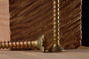 Wall Mural - Self-tapping screws on the background of a wooden board. Close-up