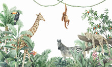 Jungle, Tropical Plants And Animals, Giraffe, Zebra, Elephant, Birds, Monkey. Children's Wallpaper.