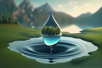 A water droplet shaped lake in the middle of untouched nature. An ecological metaphor for natures ability to hold and purify water. Earth Day. Generative AI