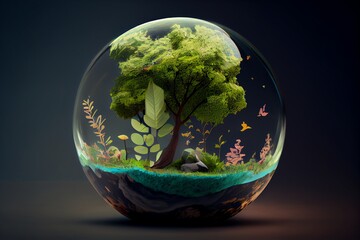 Sticker - World environment and earth day concept with glass globe and eco friendly enviroment. Generative AI