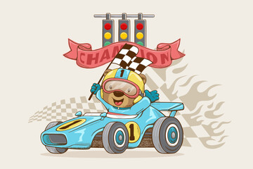 Wall Mural - Vector illustration in hand drawn style, cute bear in racer costume on racing car holding finish flag, race car elements