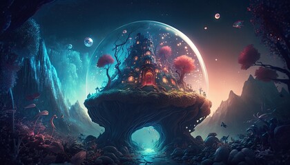 Wall Mural - A fantasy world in alien landscape, surreal, ultra detailed, stunning, colorful, digital art, creative, unique planet, Generative ai