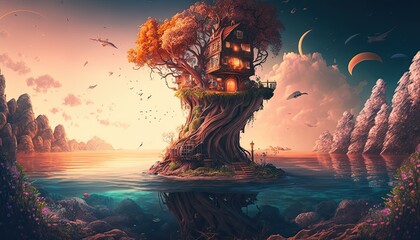 Wall Mural - A fantasy world, magic, surreal, ultra detailed, stunning, colorful, digital art, creative, unique planet, Generative ai