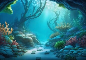 Fototapete - Colorful bright cartoon sea floor with algae corals and stones with azure water in a watercolor style.AI generated.