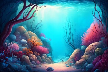 Fototapete - Colorful bright cartoon sea floor with algae corals and stones with azure water in a watercolor style.AI generated.