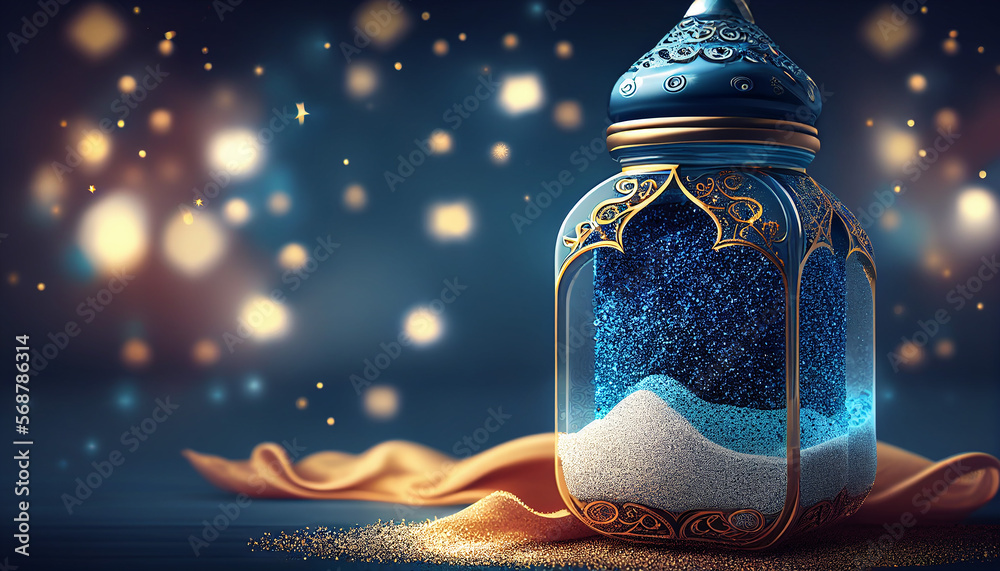 Realistic ramadan background with mosque moon stars lantern and bokeh ...