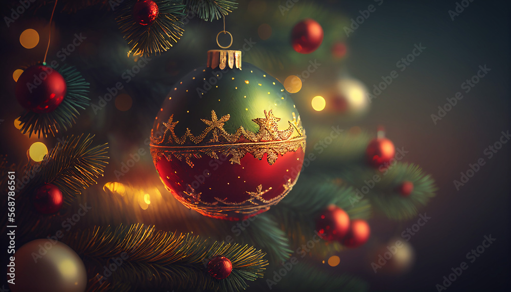 Realistic christmas green tree with gold and red christmas ball ...