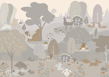 Composition With Forest Animals And Natural Elements. Deer, Fox, Bear, Green Trees, Pine, Fir, Flowers And Mountains. Woodland Creatures In The Wild. Illustration For Nursery, Wallpaper