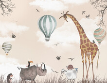 Children's Picture, Against The Sky With Balloons For Digital Printing Wallpaper, Custom Design Wallpaper