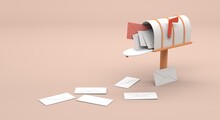 White Mailbox With Details In Wood With Letters Inside, A Red One Calling Attention And Several Other Letters Scattered On The Floor (3d Illustration)