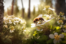 Honey Bee Collecting Bee Pollen From White Flower Blossom In Sunlight, Bee Collecting Honey, Ai Generated.