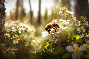 Honey bee collecting bee pollen from white flower blossom in sunlight, Bee collecting honey, ai generated.