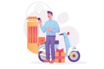 Aufkleber - Delivery concept with people scene. Happy man receives package with gift from courier on bike and tracking location on mobile phone. Vector illustration with character in modern flat design for web