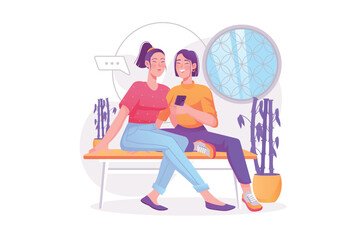 Poster - People use gadgets concept with people scene. Happy women talking in meeting, discussing and watching digital content in mobile phone. Vector illustration with character in modern flat design for web