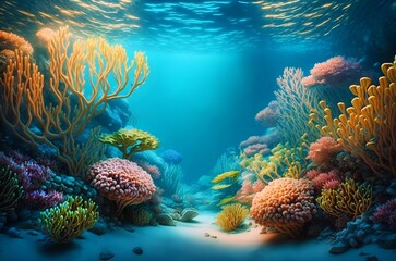 Fototapete - Colorful bright cartoon seabed with algae corals and azure water in a watercolor style.AI generated.
