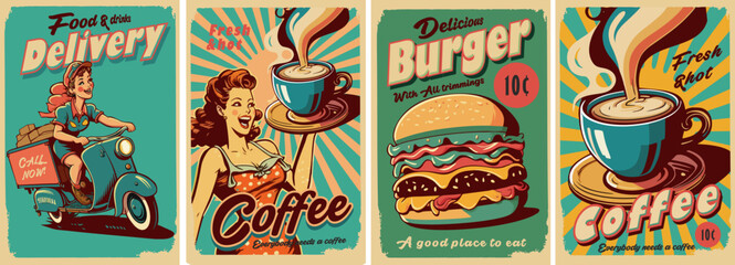 Vintage posters of the 50s, 60s. Fast food, coffee, burger, delivery. Set of vector postcards.