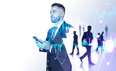 Sticker - Inspired businessman in formal wear standing holding smartphone