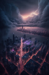 City, aerial view, fog, stunning lights, epic clouds. Generative AI.