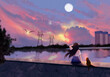 lovely teenage girl with her cat sitting on the river side alone at night with full moon in the city anime digital art illustration paint background wallpaper