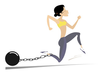 Wall Mural - Hard training runner woman. 
Cartoon running woman with a heavy connected by the chain with his leg. Isolated on white background
