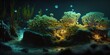 Fantastic bioluminescent unicellular algae. Beautiful, fantasy background. Generative AI.