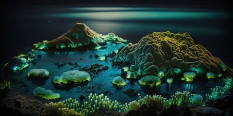 Wall Mural - Fantastic bioluminescent unicellular algae. Beautiful, fantasy background. Generative AI.