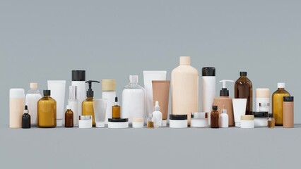 Wall Mural - group of different cosmetic bottles and jars 3d render